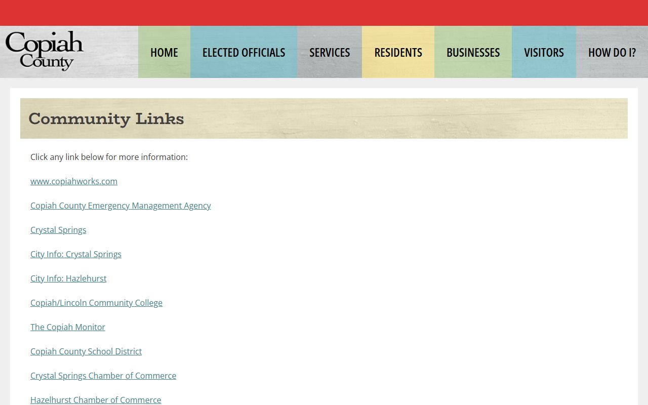Copiah County community links page near clerk court records services