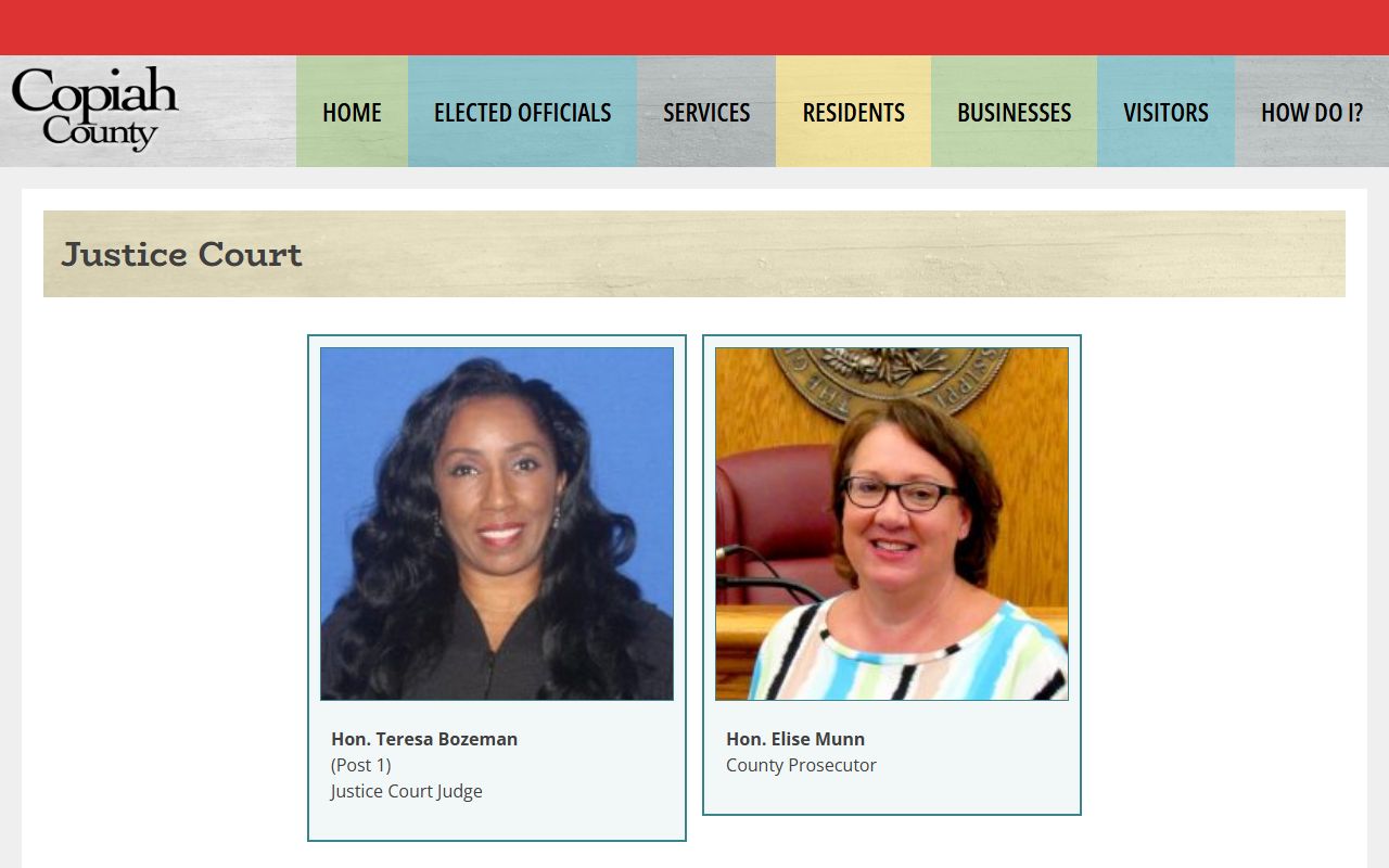 Copiah County Justice Court page describing arrest affidavits and court charges