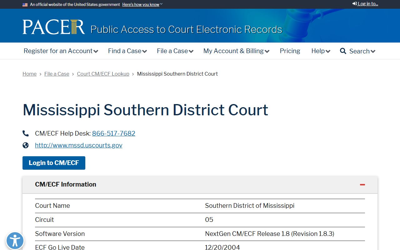 Copiah County court dockets in the Southern District of Mississippi CM/ECF lookup