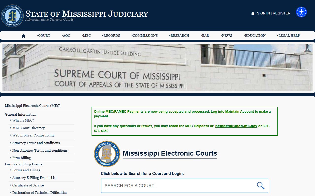 Copiah County court records access through the Mississippi Electronic Courts portal