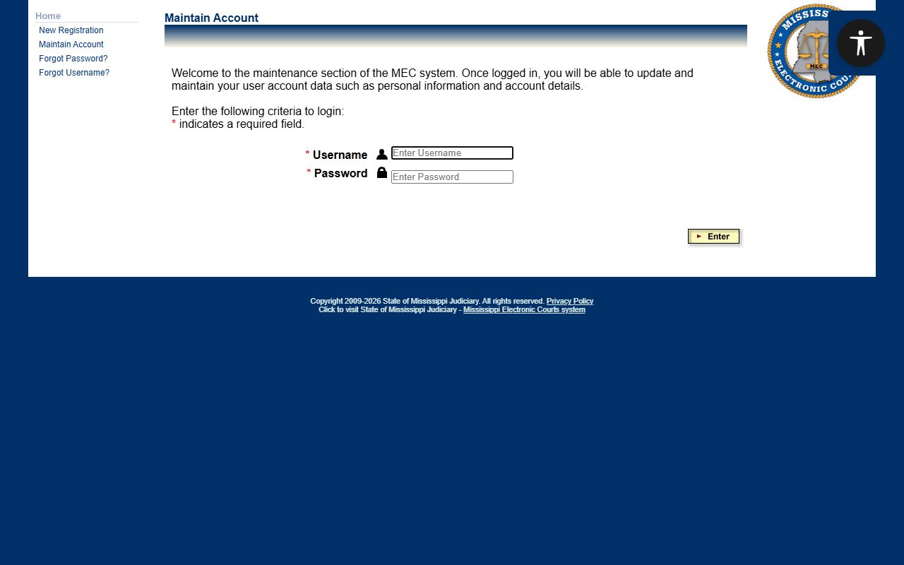 Copiah County court records PAMEC registration and login portal