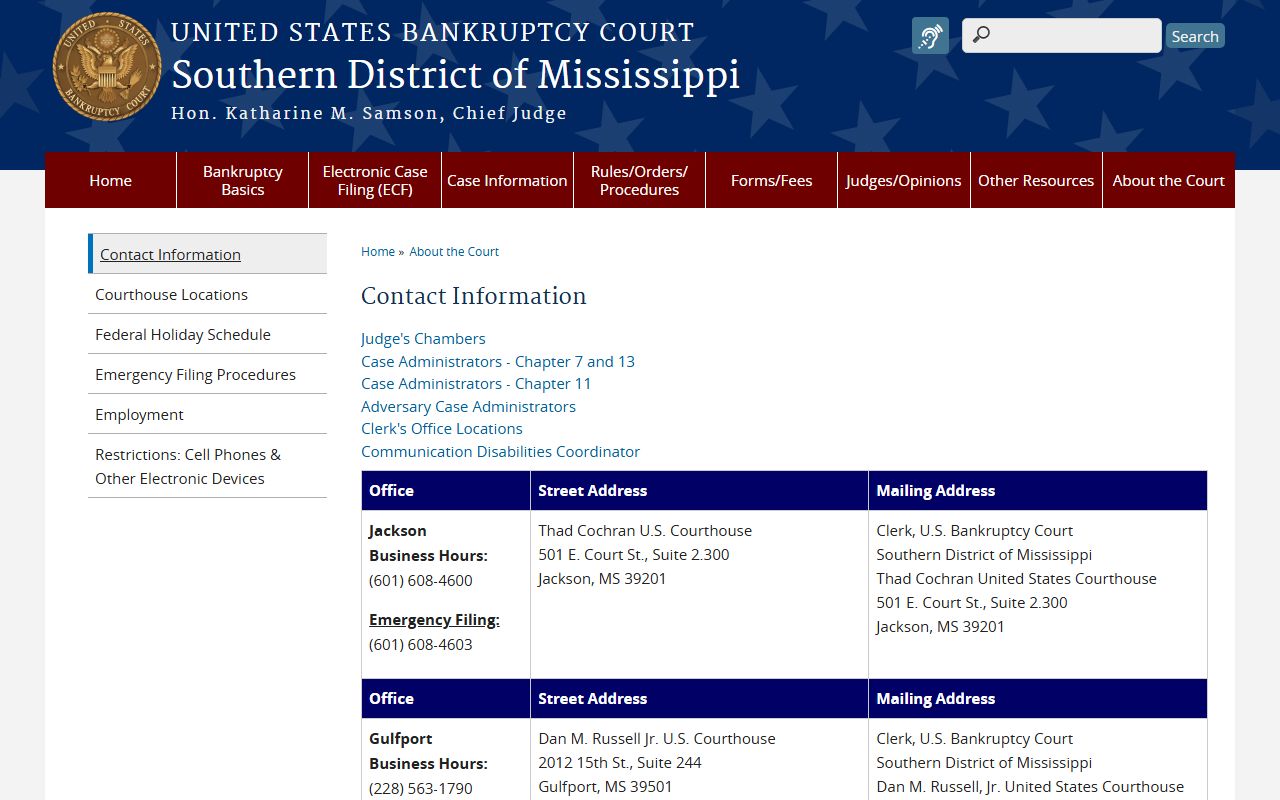 Copiah County federal court records bankruptcy court contact information for the Southern District of Mississippi