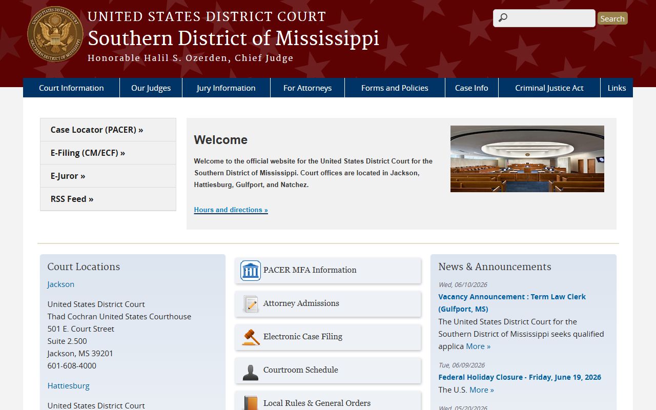 Copiah County federal court records on the U.S. District Court Southern District of Mississippi home page