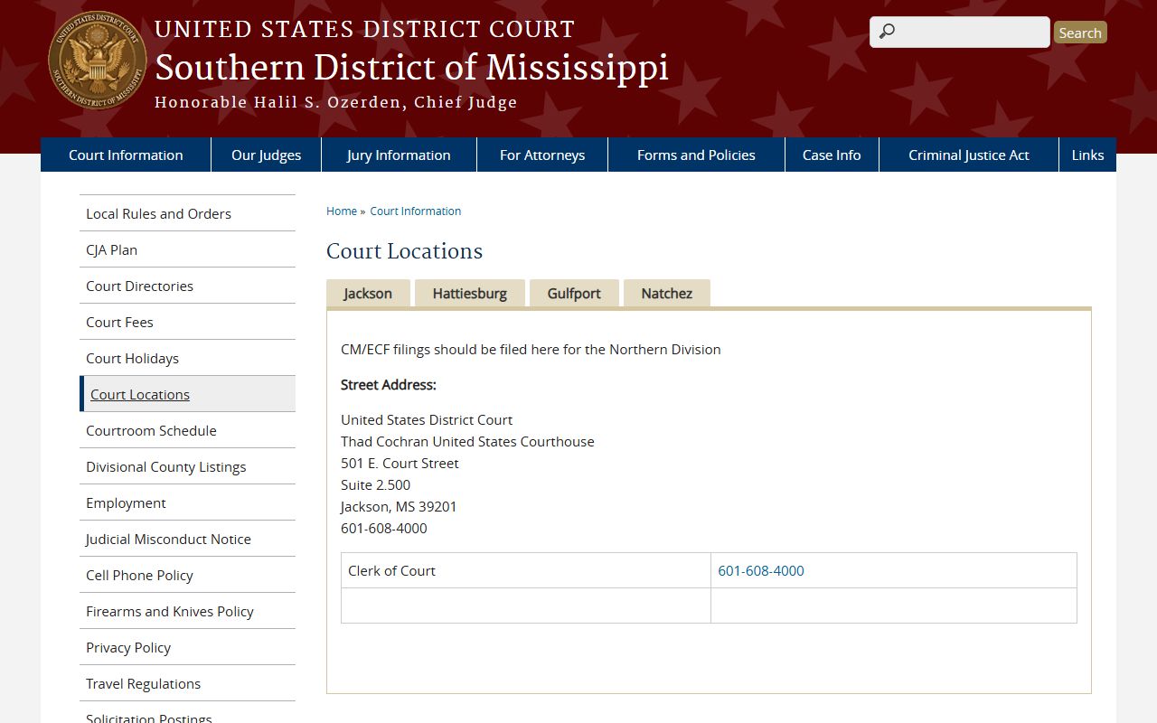 Copiah County federal court records court locations for the Southern District of Mississippi