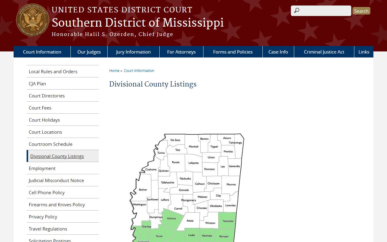 Copiah County federal court records divisional county listing for the Southern District of Mississippi