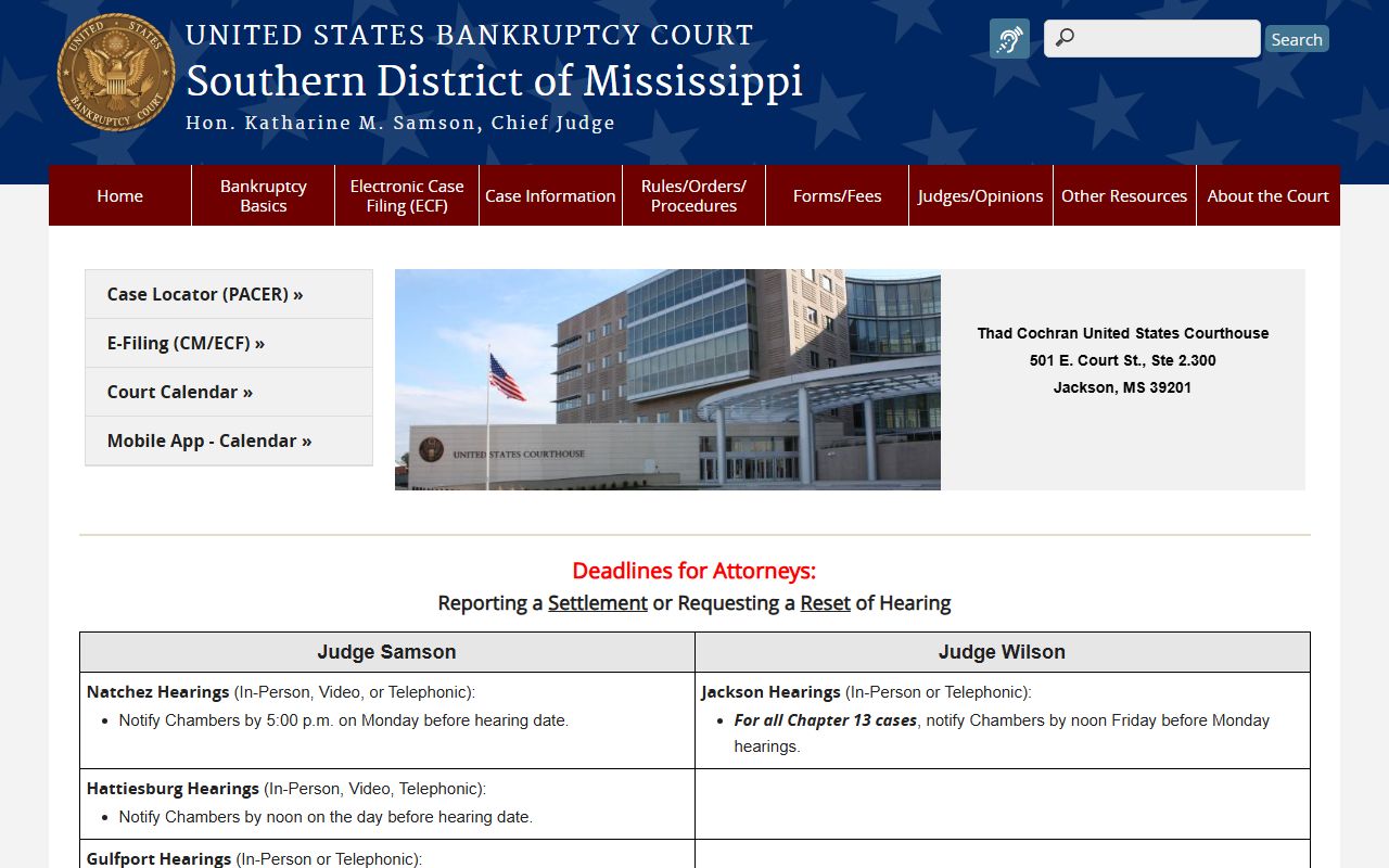 Copiah County federal court records on the Southern District of Mississippi bankruptcy court site