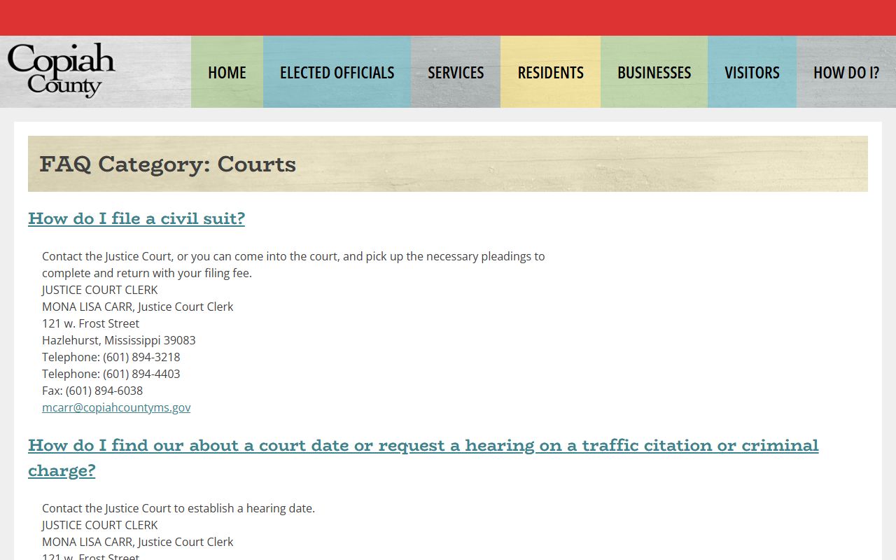Copiah County courts FAQ explaining court records and case types