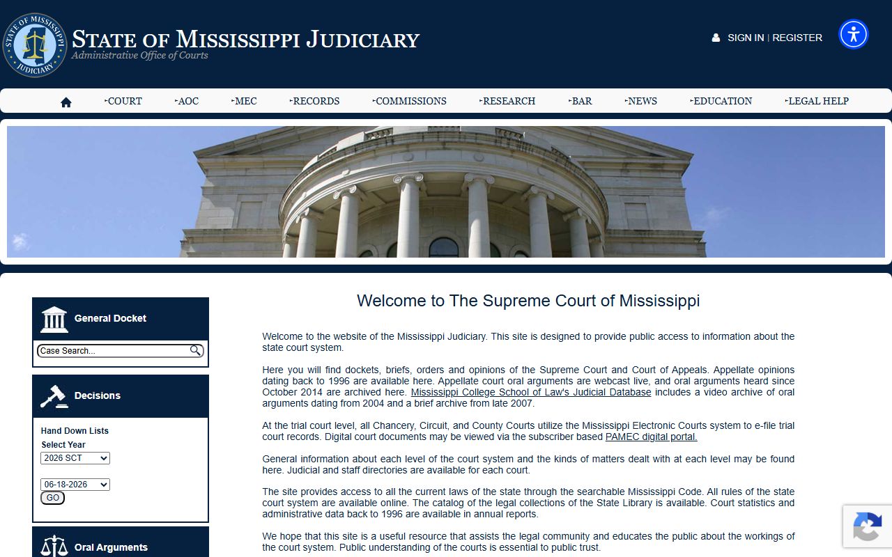 Mississippi Judiciary home page for Copiah County court records