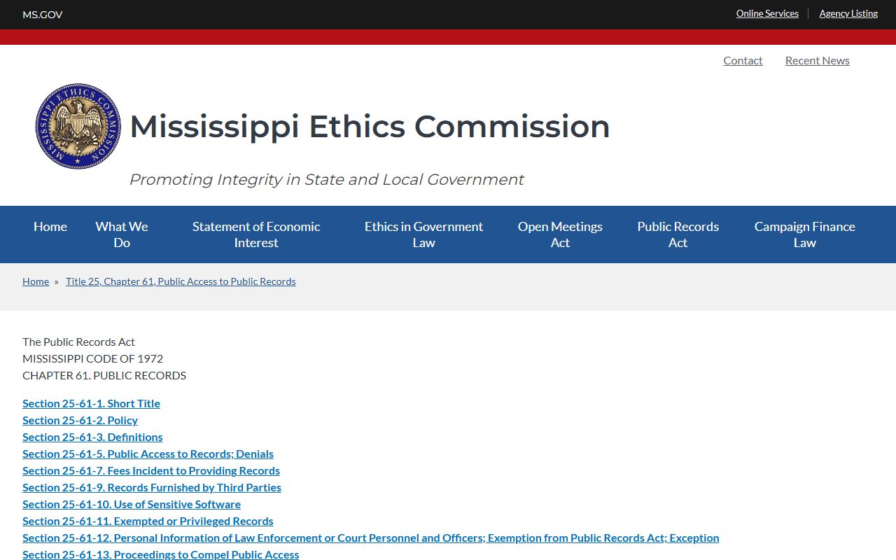 Mississippi Public Records Act text covering restricted Copiah County court records