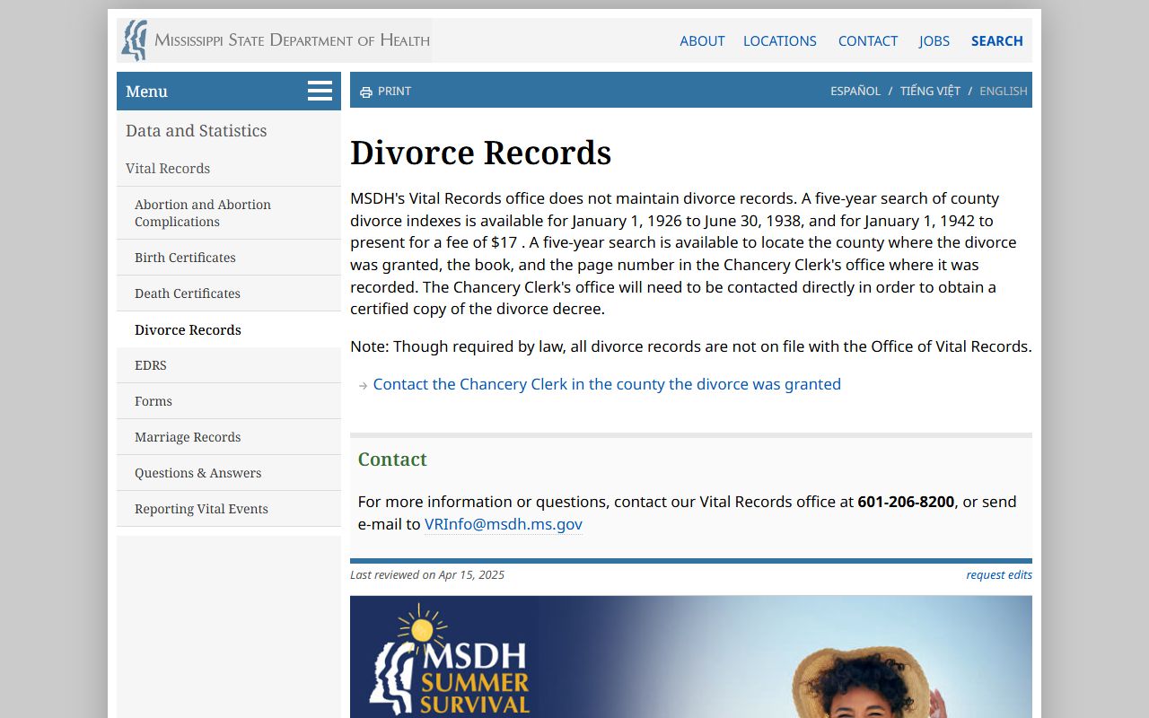 Copiah County divorce records index search details on the Mississippi health department site