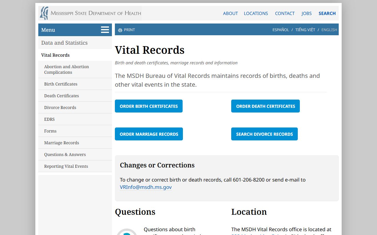Copiah County marriage and divorce records request page at Mississippi vital records