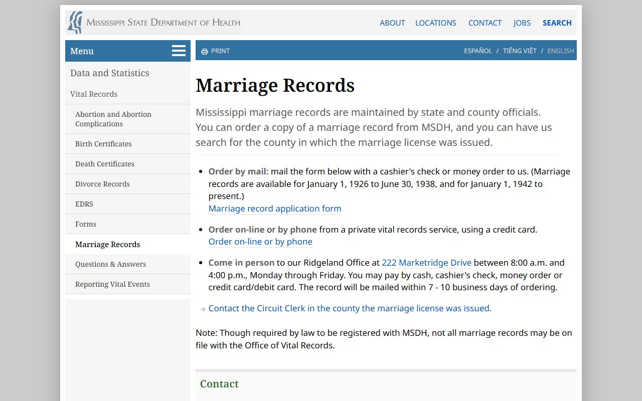 Copiah County marriage records ordering options on the Mississippi health department site