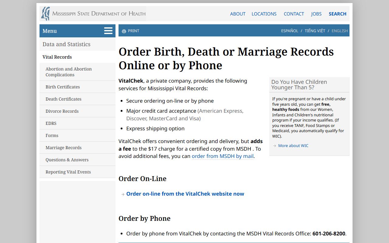 Copiah County marriage record online and phone ordering options through Mississippi vital records