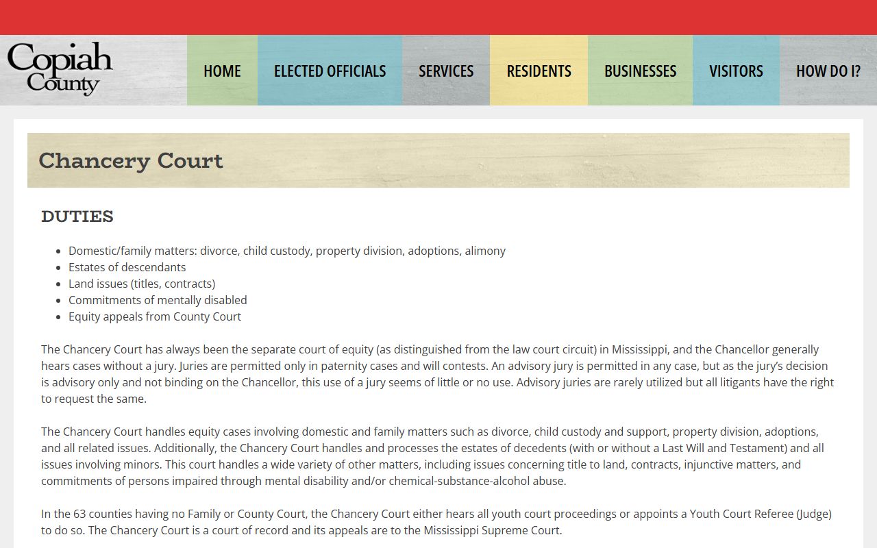 Copiah County Chancery Court probate records page on the county website