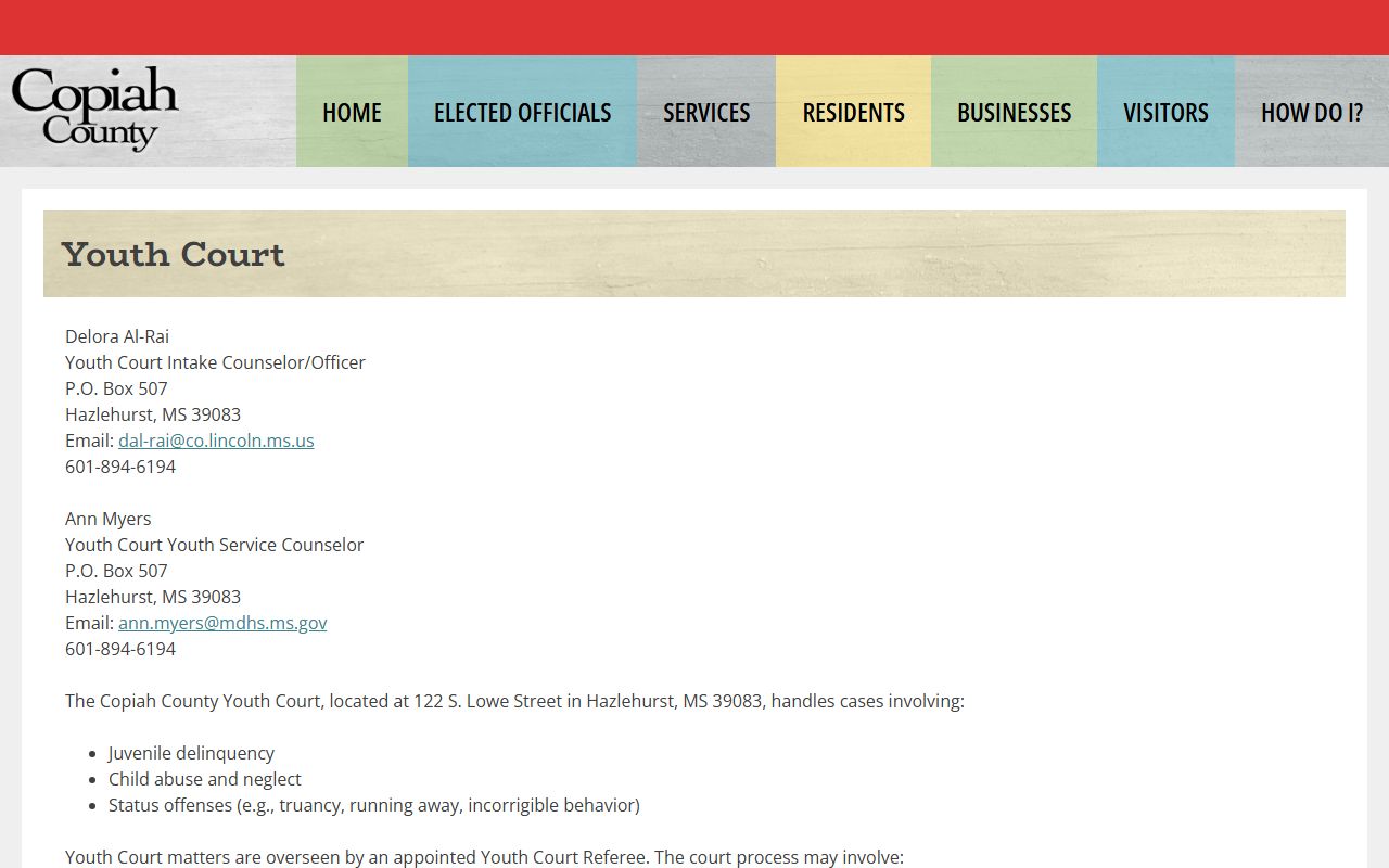 Copiah County Youth Court page showing confidential records that limit a probate search